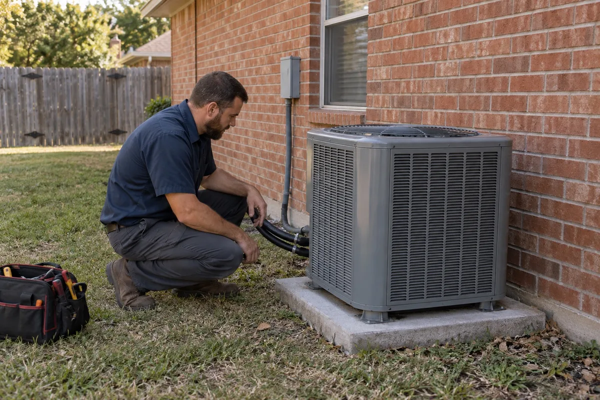 Illustrative technician inspecting an outdoor air conditioning installation