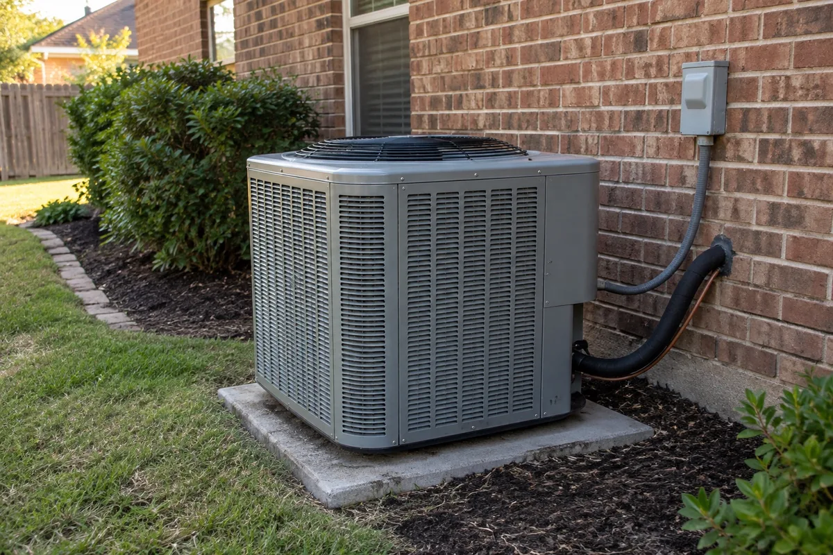 Illustrative outdoor condenser beside a brick home