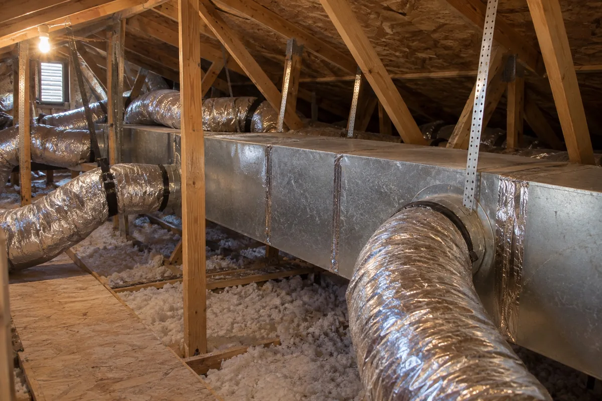 Illustrative supply trunk and insulated ducts in a residential attic
