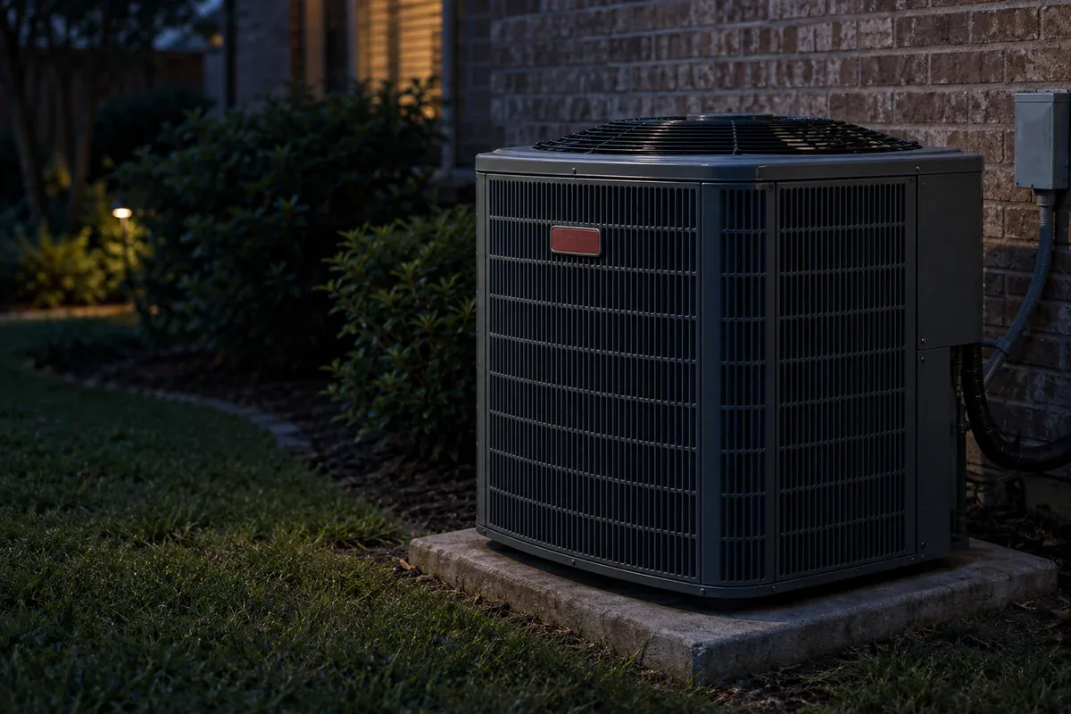 Illustrative Goodman-inspired outdoor air conditioning unit at a brick home