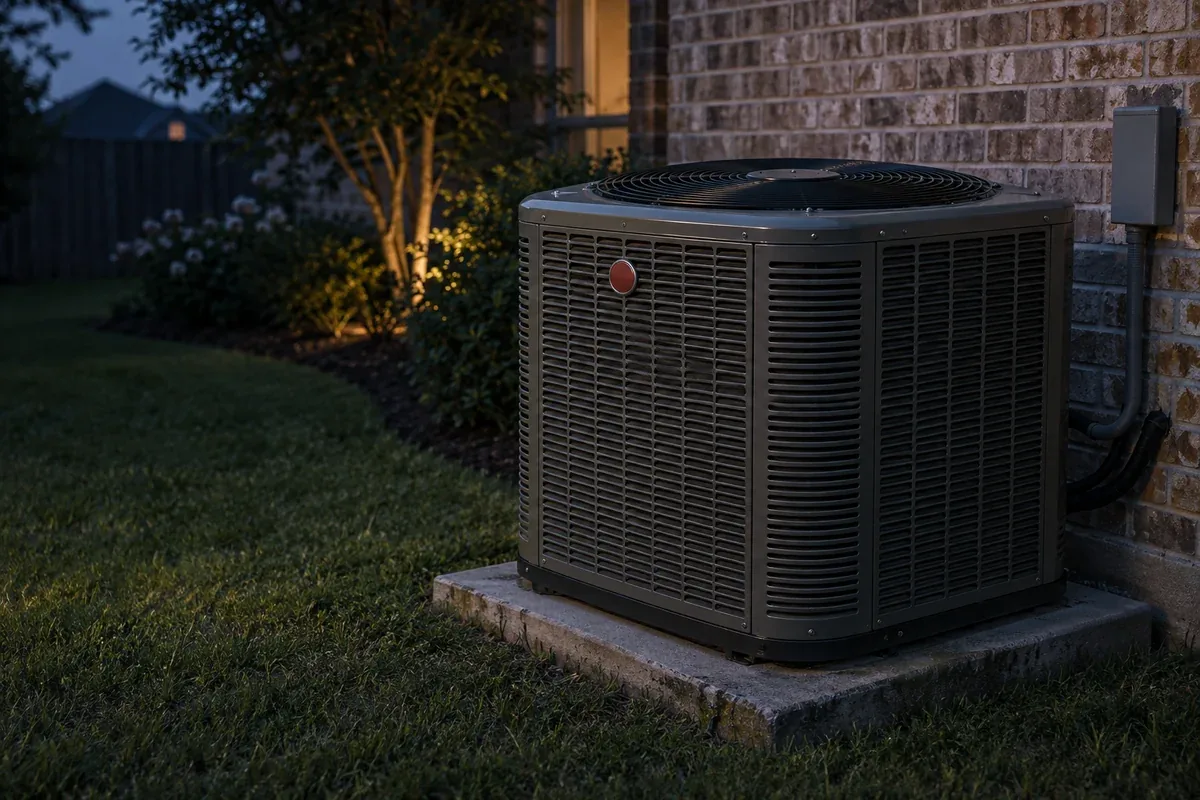 Illustrative Rheem-inspired outdoor air conditioning unit at a brick home