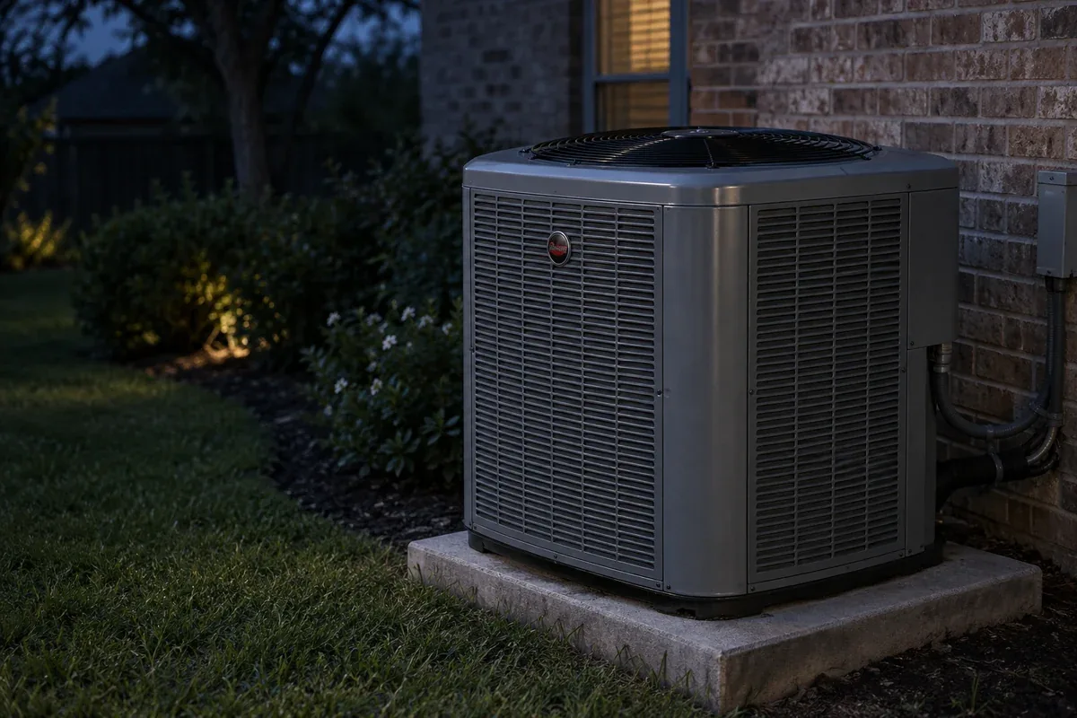Illustrative Ruud-inspired outdoor air conditioning unit at a brick home