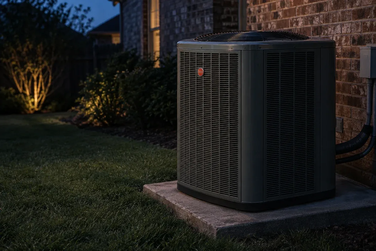 Illustrative Trane-inspired outdoor air conditioning unit at a brick home