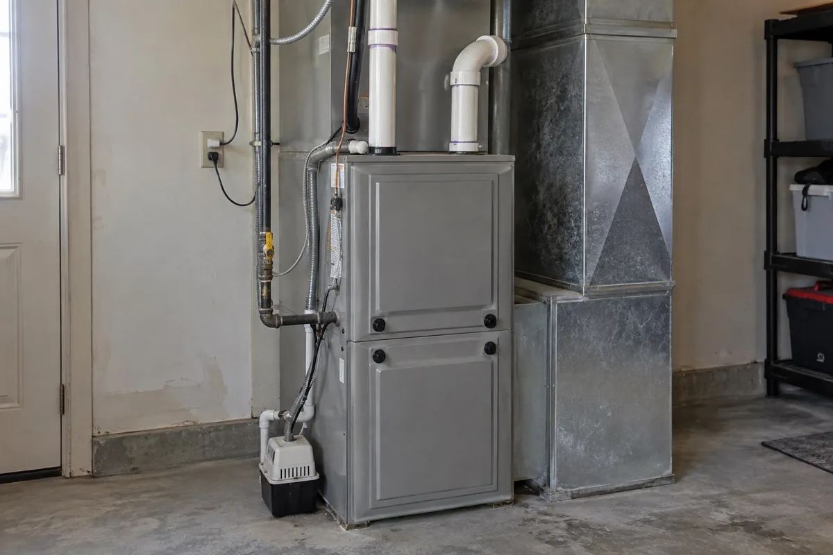 Illustrative furnace and sheet-metal ductwork in a utility room